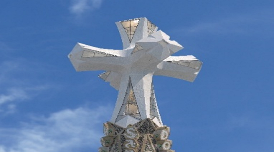Cross lands in sky above Barcelona